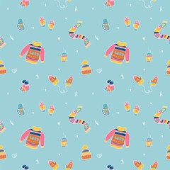 Vector pattern of cute winter clothes. Sweater, socks, hat, mitten, scarf.