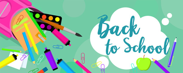 Back to school pens banner horizontal. Flat illustration of vector back to school pens banner horizontal for web design