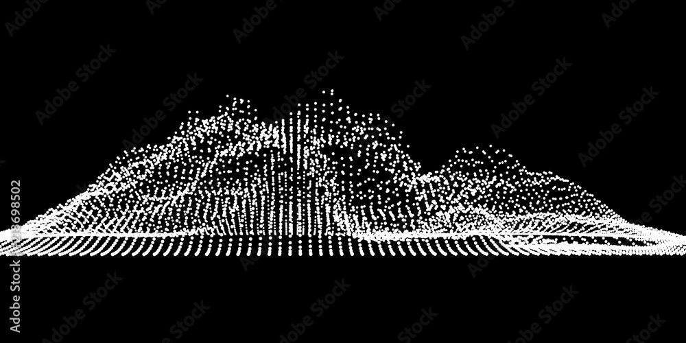 Poster Big data visualization. Sound wave. Equalizer for music. Futuristic technology. Big Data Particle Flow Visualisation. Abstract digital landscape