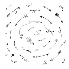 Hand drawn set of different arrows. Forward, backward, up, down. Vector illustration.