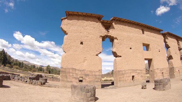 Inca culture Temple of Wiracocha ruins. Puno Cusco Peru. Smooth walking beside historical ruins.