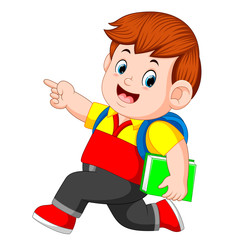 a schoolboy with backpacks and books walking