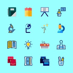 education vector icons set. pencil case, microscope, idea and math notebook in this set