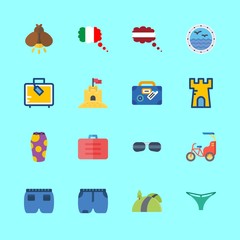 summer vector icons set. short, sand castle, thong and italy in this set
