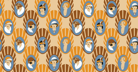 Fototapeta premium retro girl portraits, lady, twenties, vector seamless pattern