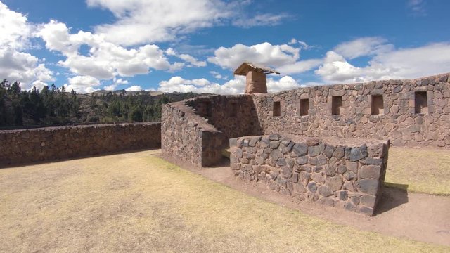 Inca culture Temple of Wiracocha ruins. Puno Cusco Peru. Smooth walking beside historical ruins.