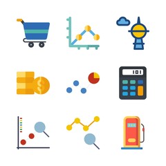 economy vector icons set. gas station, calculator, shopping cart and skyscraper in this set