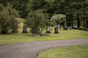 Naklejka premium Cemetery graveyard with headstones, amaerican flag, grass and road during a cloudy day.