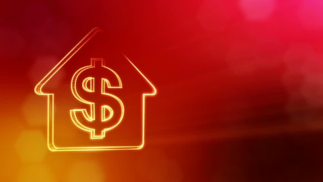 dollar sign in emblem of a house. Finance background of luminous particles. 3D seamless animation with depth of field, bokeh and copy space for your text. Red v3