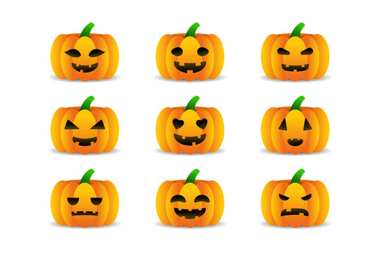 Vector set of cartoon isolated pumpkins for decoration and covering on the white background. Concept of Happy Halloween.