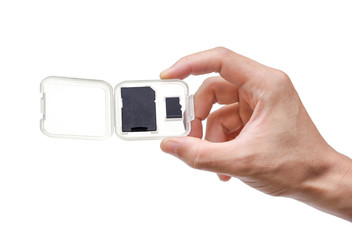 Hand holding dd card and micro sd card isolated