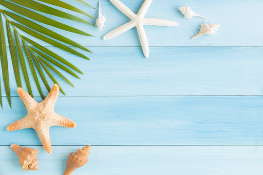 Flat lay photo saeshell and starfish on blue wood table, top view and copy space for montage your product, summer concept
