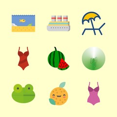 tropical vector icons set. cruise ship, sunbed, watermelon and sea life in this set