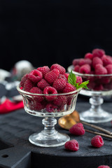 Fresh raspberry in a dessert bowl, copy space