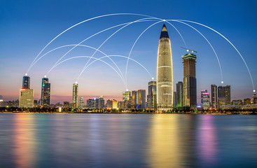 Shenzhen Houhai CBD skyline and cloud computing concept