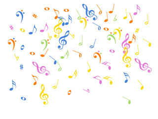 Music Notes Confetti Falling Chaos Vector. Music Symbols Texture Poster Background Elements. Party Night, Festival, Celebration or Concert, Melody Notes Trail. Decorative Song Sheets Chaos Effect.