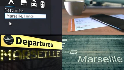 Flight to Marseille. Traveling to France conceptual montage animation