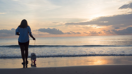 woman with dog Beach Walk sunrise in morning