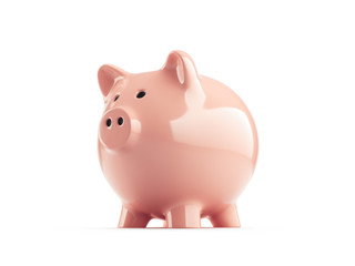 Pink piggy bank on white background, side view. 3d rendering.