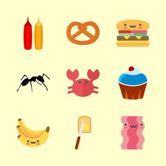 food vector icons set. pretzel, mustard and ketchup, cupcake and bacon in this set