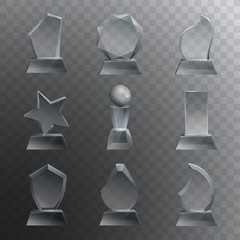 Glass trophy plaque engraved crystal award realistic isolated vector illustration on transparent background