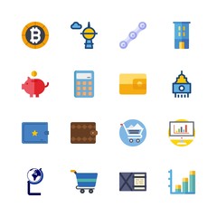 economy vector icons set. skyscraper, wallet, globe and bar chart in this set