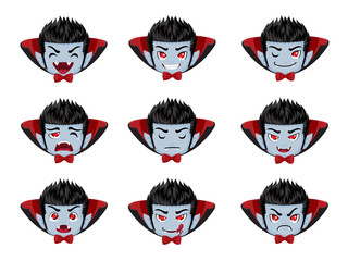 Set of cartoon Dracula Vampire face emotions. Facial expression. Vector illustration