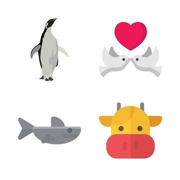 animals vector icons set. love birds, cow, penguen and shark in this set