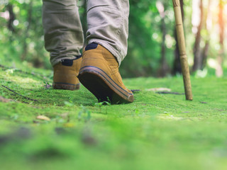 Hiking man with trekking boots on the bright green moss passage trail in forest