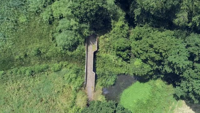 Aerial view, fly down move. Drone over old small sandstone roman bridge and reed in overgrown english countryside.