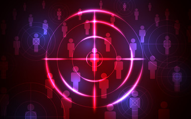 Abstract shooting target audience template on black red background. Focus people, digital technology futuristic design concept.