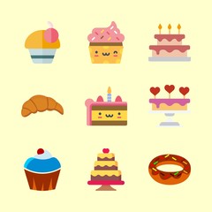 cake vector icons set. piece of cake, wedding cake, donut and kruassan in this set