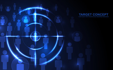 Obraz premium Abstract shooting target audience template on black blue background. Focus people, digital technology futuristic design concept.