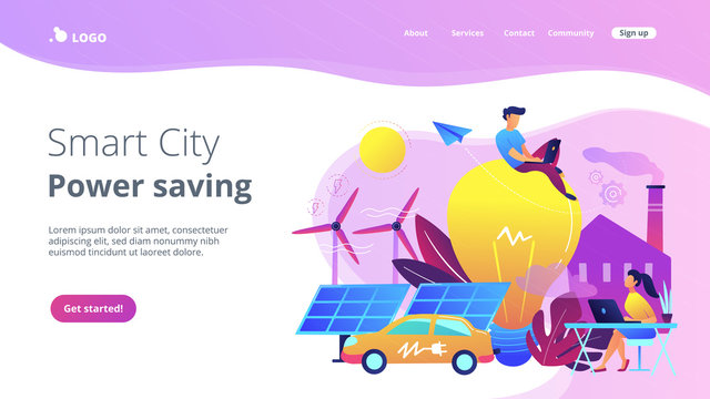 People around huge lamp analyzing power data. Smart city and power saving landing page. Renewable energy, smart grid energy, system modelling, violet palette. Vector illustration on white background.