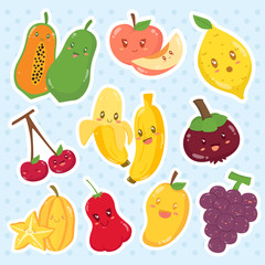 Set of cute fruits sticker cartoon vector with happy faces.