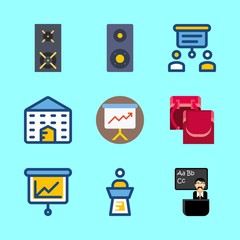 education vector icons set. school bag for girl, speaker, male teacher in class and presentation in this set