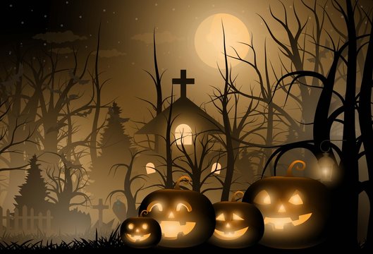 Happy Halloween background and scary tree pumpkin on graveyard full moon dark night and tombstone black bat. church on graveyard. Vector illumination