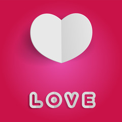 Love text and white heart in paper cut on pink background