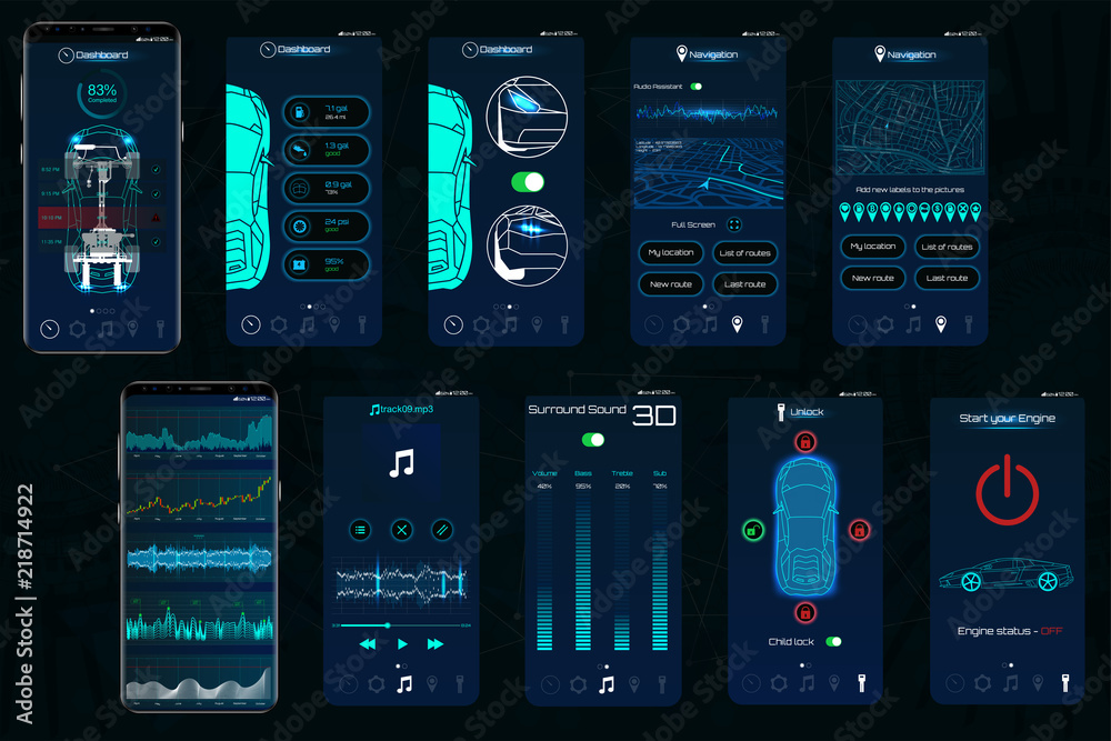 Poster control car app. mobile interface screens to operate the car. the smartphone controls the car securi