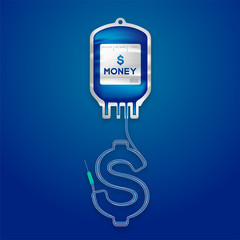 Blood bag blue color and Dollar currency sign shape made from cord illustration, business finance concept design isolated on blue gradient background, with copy space