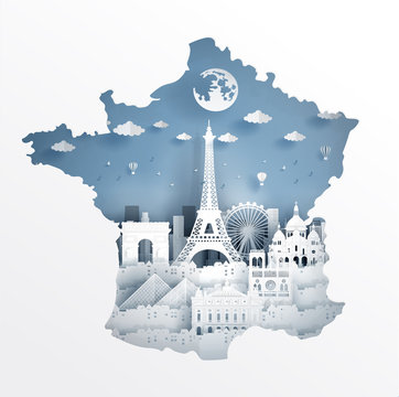 Paris, France with map concept and France famous landmarks in paper cut style vector illustration. Travel poster, postcard and advertising design.