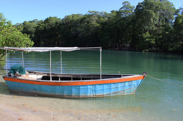 Boat, river and mangrove in the Chapada do Elias in Morro do São Paulo