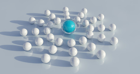 Im Mittelpunkt einer Gruppe. Konzept. Kugeln als Symbol für ein Treffen eines Teams. Blaue Kugel im Fokus als Anführer