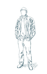 Portrait of a handsome man dressed in t-shirt, jacket and jeans. Abstract illustration. Ink sketch effect