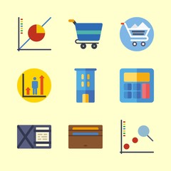 economy vector icons set. calculator, line chart, building and line graph in this set