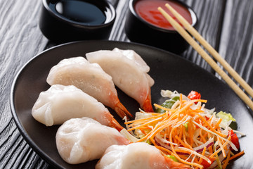 jiaozi, gyoza dumplings stuffed with shrimps with fresh vegetable salad close-up on a plate and soy and tomato sauces. horizontal