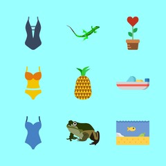 tropical icons set. trip, monkey frog, top view and freedom graphic works