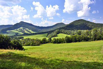 Beautiful summer landscape in the mountains with green meadows and forested hills, Low Beskids (Beskid Niski).  - obrazy, fototapety, plakaty