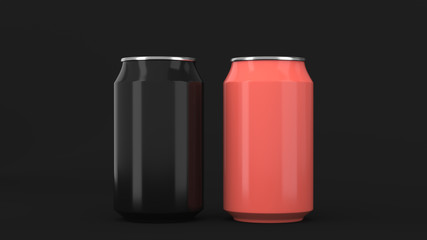 Two small black and red aluminum soda cans mockup on black background