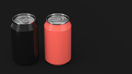 Two small black and red aluminum soda cans mockup on black background